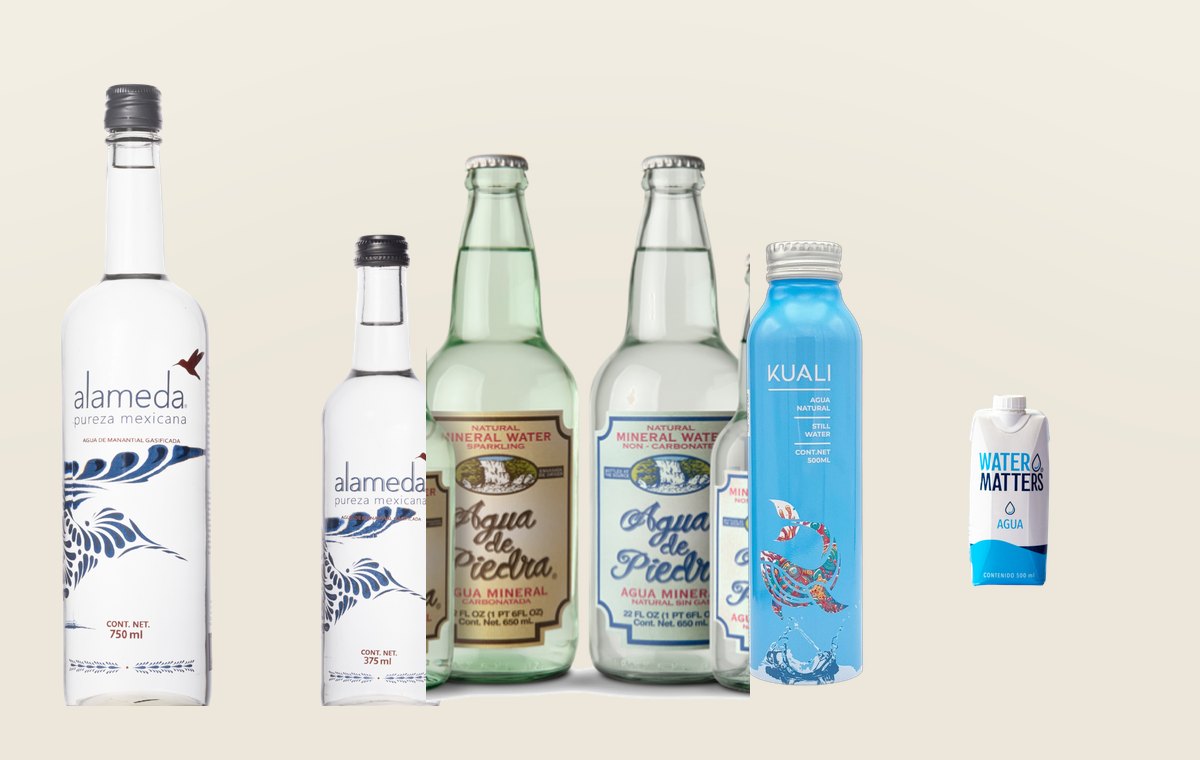 Botellas de Alameda, Agua de Piedra, Kuali y Water Matters